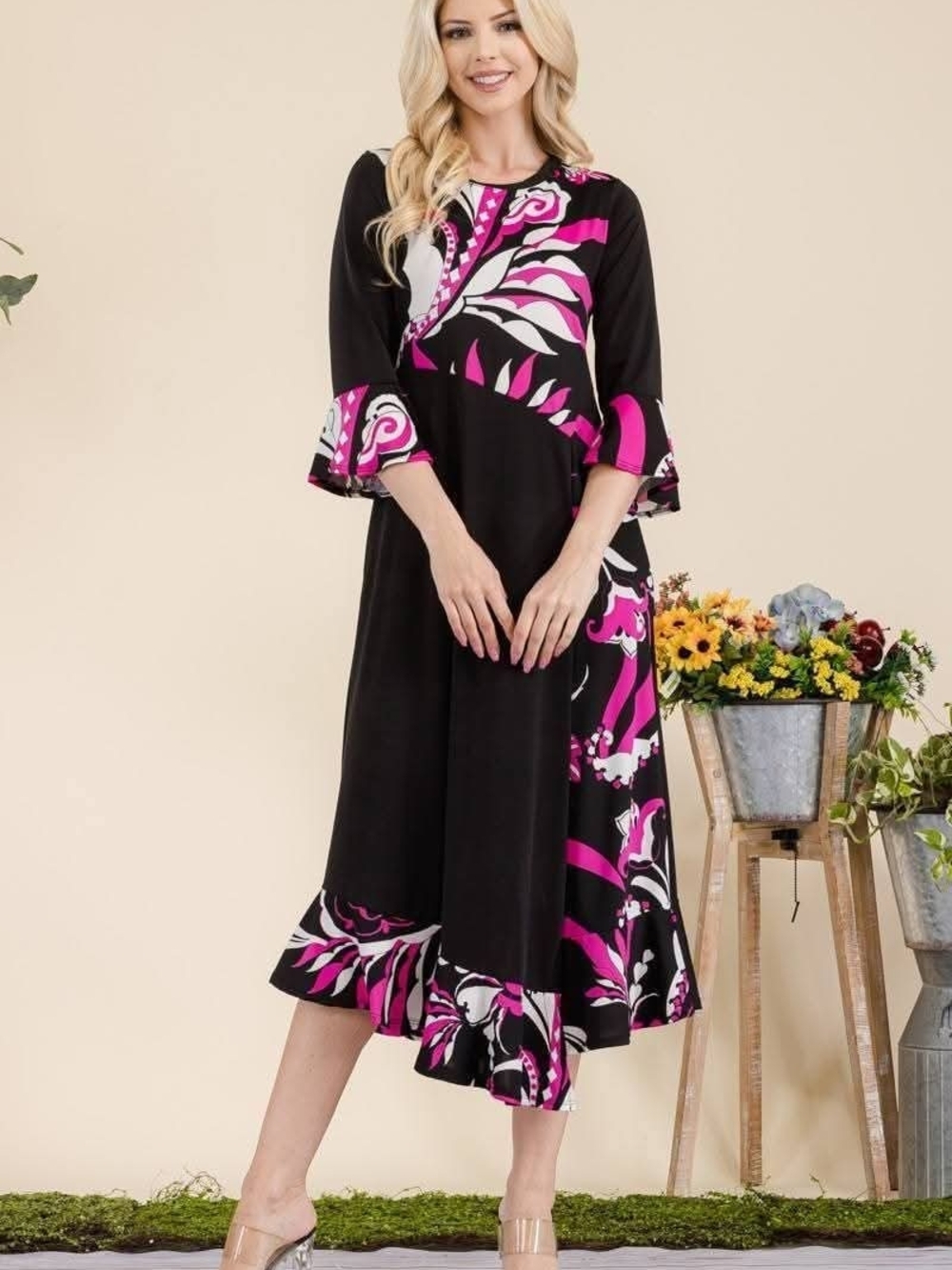 Celeste Black, Fuchsia & White Floral Midi Dress